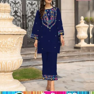 Women's Stitched Embroidered Linen Shirt and Trouser Set with Round Neck