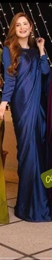 Stylish Blue Shalmose Silk Stitched Saree Set - 3 Pcs - Image 2