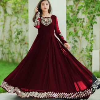 Maroon Embroidered Crinkle Chiffon Maxi Dress for Women