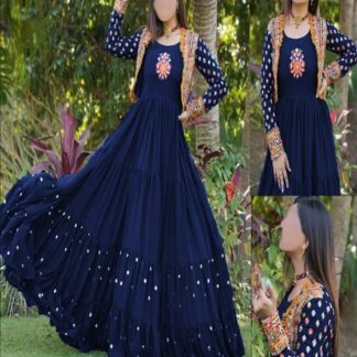 Shalmose Silk Maxi Suit & Koti Set Round Neck Embroidered