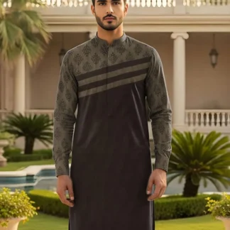 Men Cotton Self Print Suit Brown Wedding Eid Formal Wear