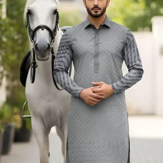 Men Cotton Self Print Suit Grey 3.5 Gazz All Season