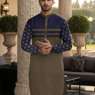 Men Cotton Self Print Suit Brown White Wedding Eid
