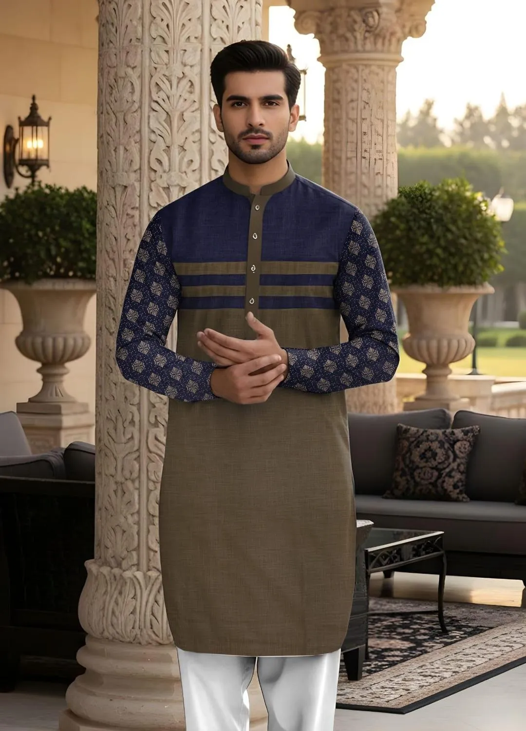 Men Cotton Self Print Suit Brown White Wedding Eid
