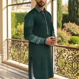 Green Self Print Cotton Men Suit for Eid Wedding Formal Wear