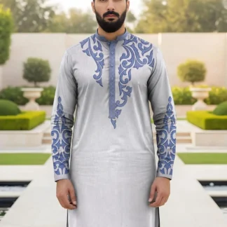 Men Cotton Self Print Suit Blue White Unstitched