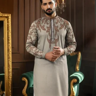 Men Cotton Self Print Suit Grey Brown Leaf 3.5 Gazz
