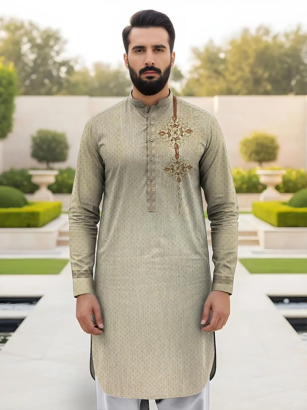 Men Cotton Embroidered Kurta Off White Summer Wear