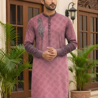 Men Cotton Embroidered Suit Pink Unstitched Eid Wedding