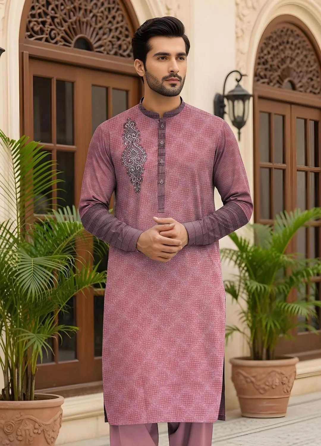 Men Cotton Embroidered Suit Pink Unstitched Eid Wedding