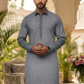 Men Cotton Embroidered Suit Grey Eid Wedding Wear
