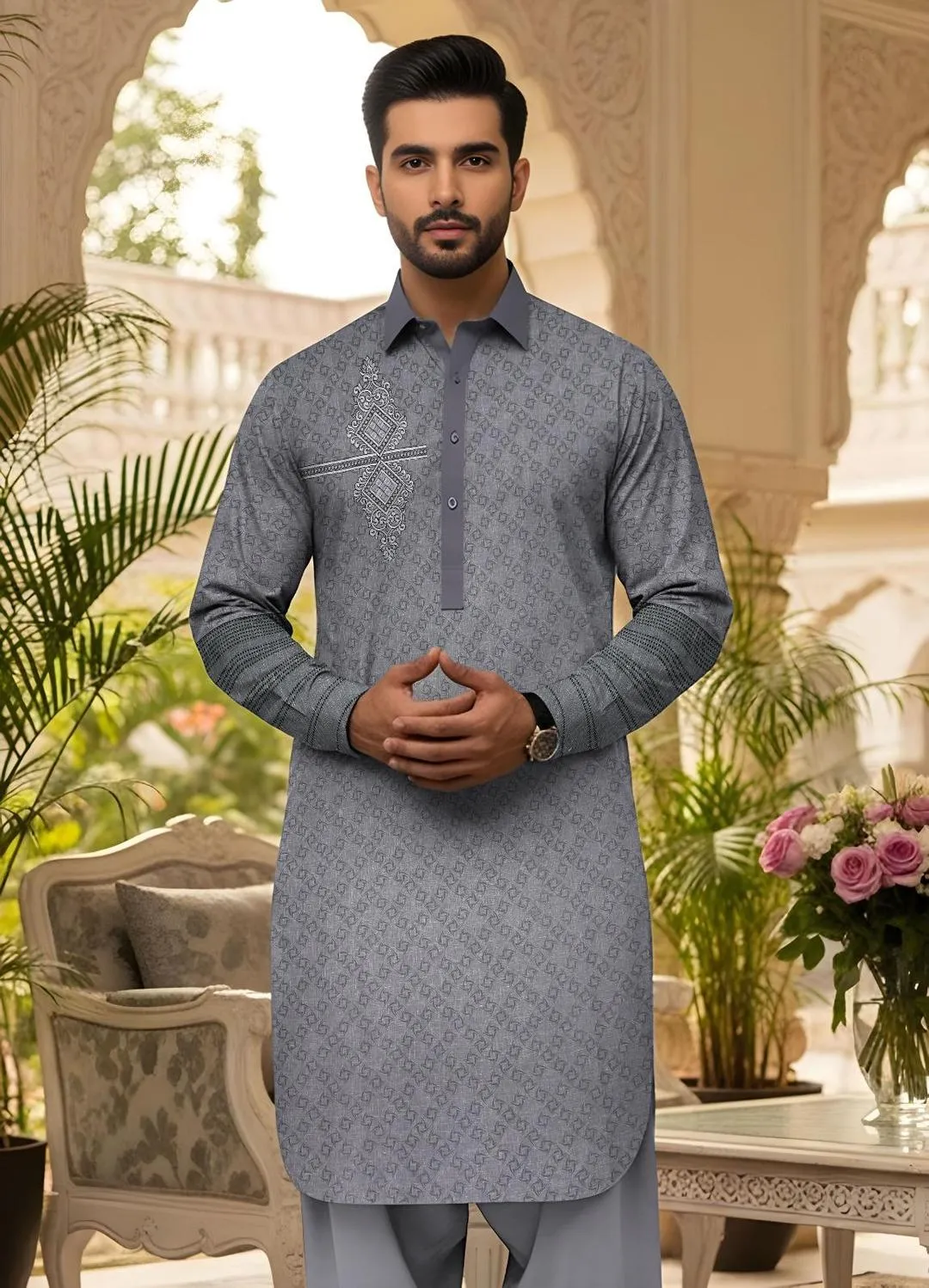 Men Cotton Embroidered Suit Grey Eid Wedding Wear