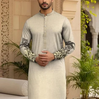 Unstitched Cotton Kurta Off-White Black Embroidery Summer Wear