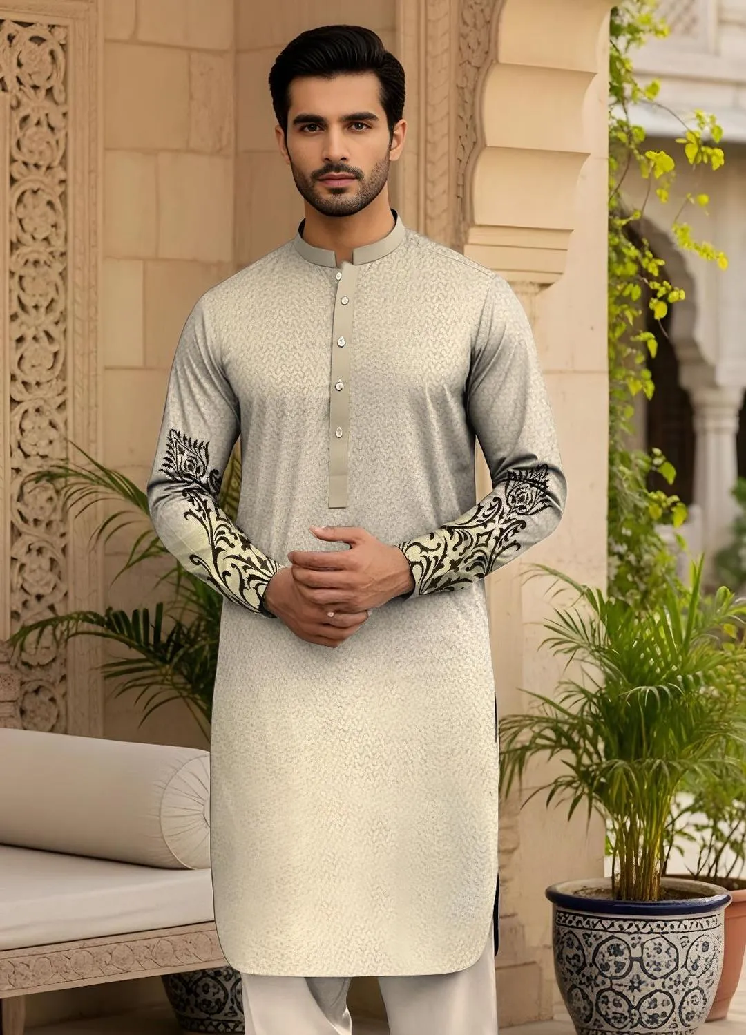 Unstitched Cotton Kurta Off-White Black Embroidery Summer Wear
