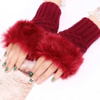 Winter Fingerless Gloves Red Wool Faux Fur Trim