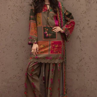 3-Piece Printed Lawn Suit Brown Floral Eid Wear