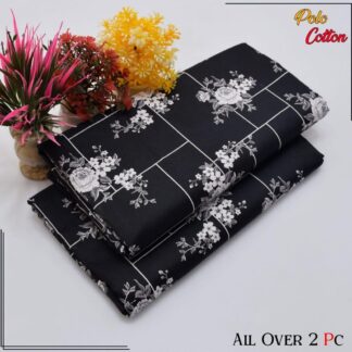 Women Black Floral Polo Cotton Suit 2Pc Unstitched