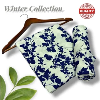 Women Winter Floral Print Suit Blue Cream 2Pcs