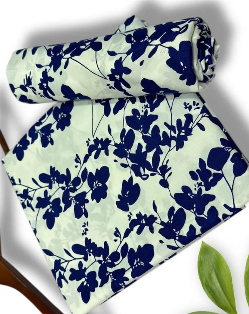 Women Winter Floral Print Suit Blue Cream 2Pcs - Image 2