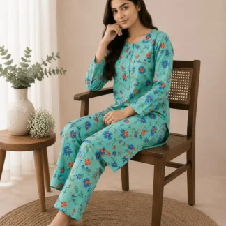 Women Blue Printed 2-Piece Polo Cotton Suit Set