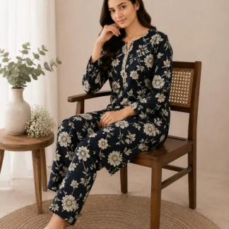 Black Printed 2-Piece Polo Cotton Jumpsuit Set for Women