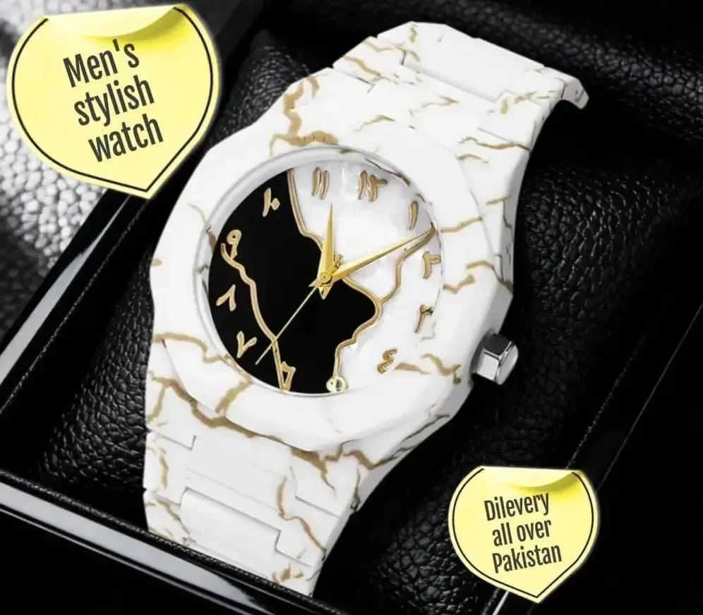 Men's Carbon Fiber White Marble Watch with Golden Design 5