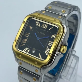 Men's Square Watch Stainless Steel Gold Plated Black Dial