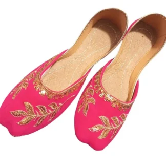 Women Embroidered Khussas Pink Golden Leaf Pakistan
