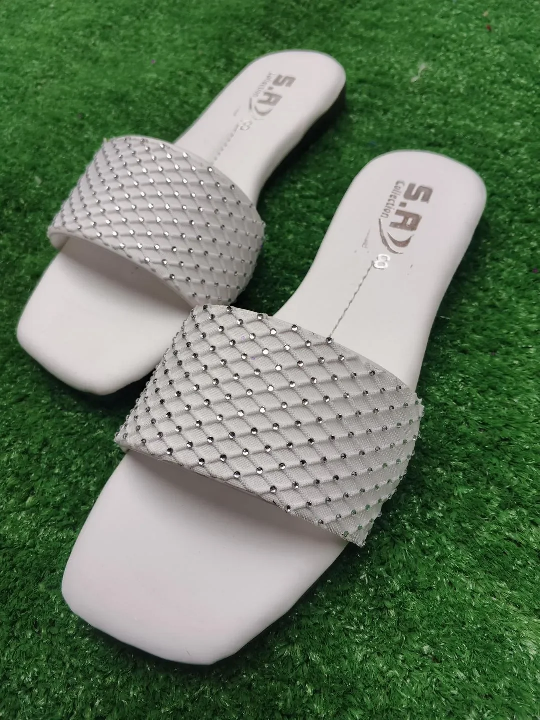 Women Rhinestone Slides White Synthetic Leather Formal Wear 3