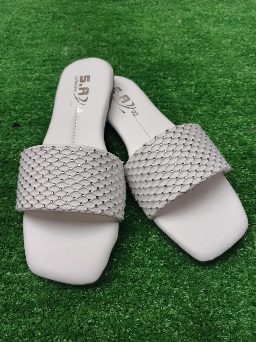 Women Rhinestone Slides White Synthetic Leather Formal Wear 4